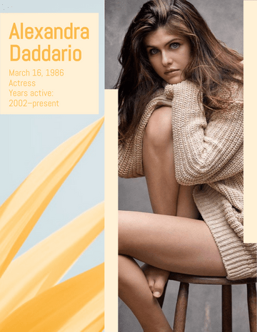 Biography 模板。 Alexandra Daddario Biography (由 Visual Paradigm Online 的Biography軟件製作)