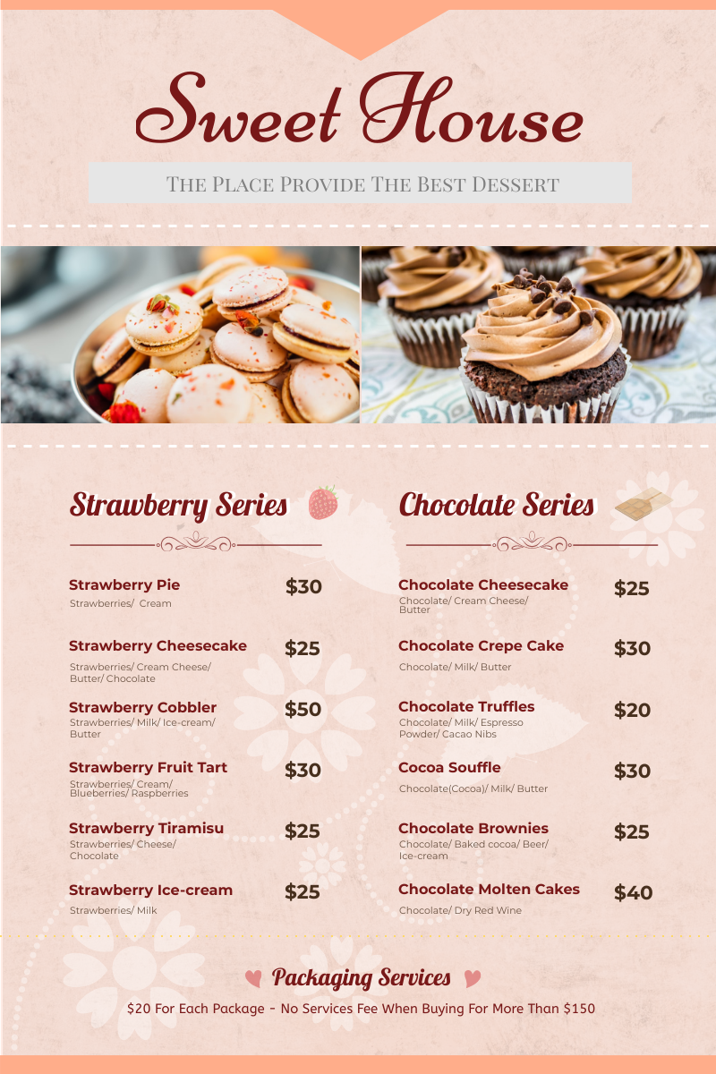 Menu template: Strawberry And Chocolate Dessert Menu (Created by Visual Paradigm Online's Menu maker)
