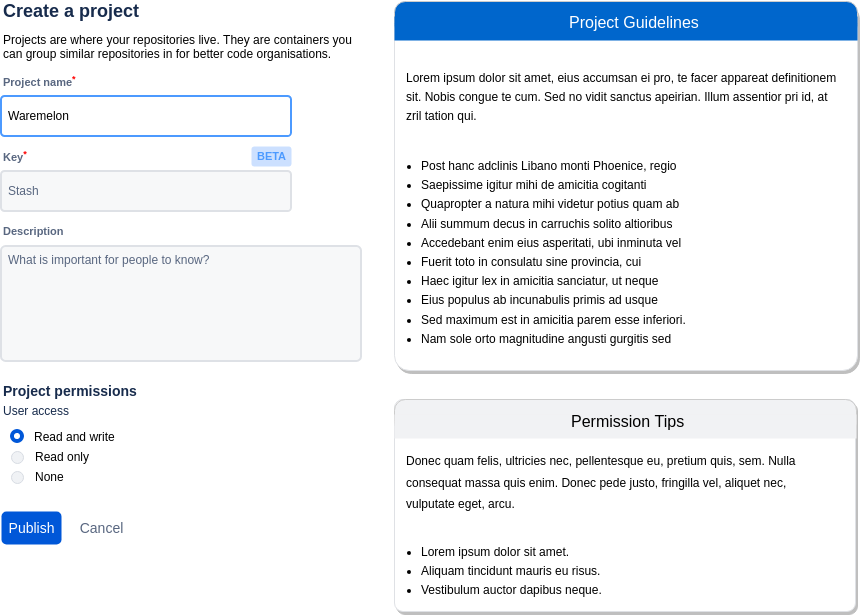 Atlassian Wireframe template: Project Creation (Created by Visual Paradigm Online's Atlassian Wireframe maker)