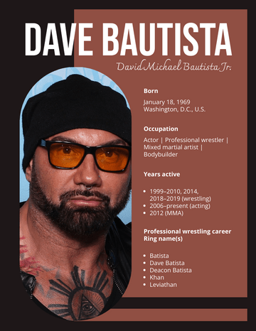 Biography 模板。Dave Bautista Biography (由 Visual Paradigm Online 的Biography软件制作)