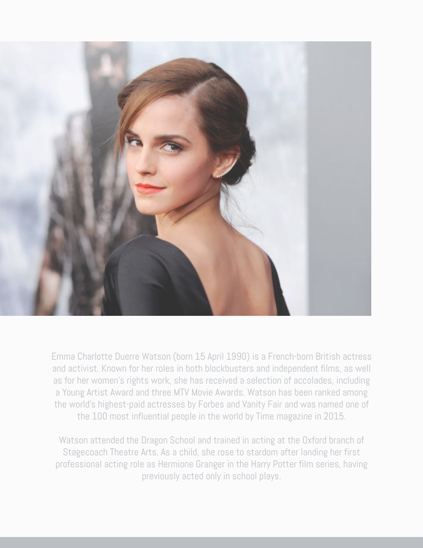 Biography template: Emma Watson Biography (Created by Visual Paradigm Online's Biography maker)