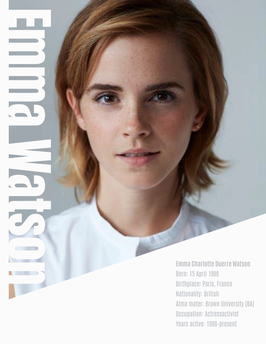 Biography template: Emma Watson Biography (Created by Visual Paradigm Online's Biography maker)