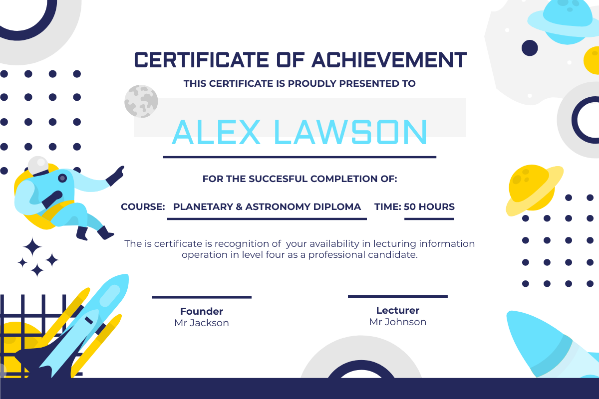 Certificate template: Blue Planetary Certificate (Created by InfoART's Certificate maker)