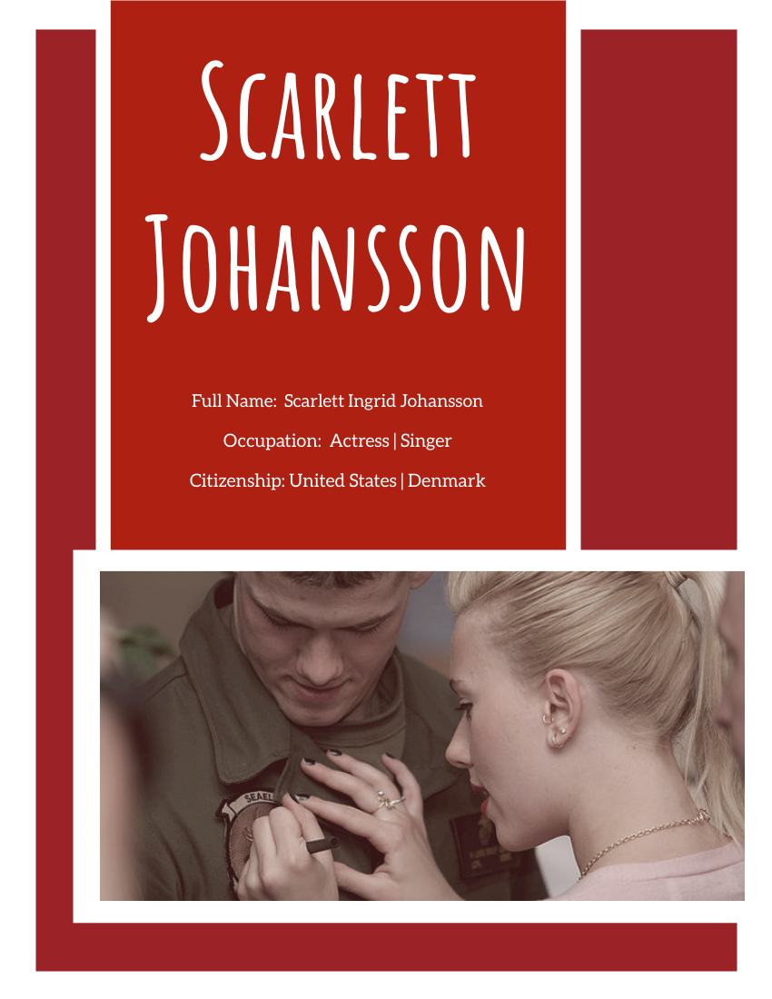 Biography template: Scarlett Johansson Biography (Created by Visual Paradigm Online's Biography maker)