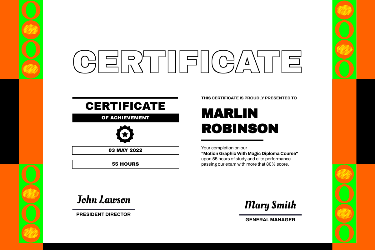 Certificate template: Funky Animation Diploma Certificate (Created by Visual Paradigm Online's Certificate maker)