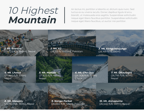 Editable infographics template:Ten Highest Mountain Infographic
