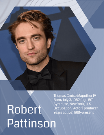 Biography 模板。Robert Pattinson Biography  (由 Visual Paradigm Online 的Biography软件制作)