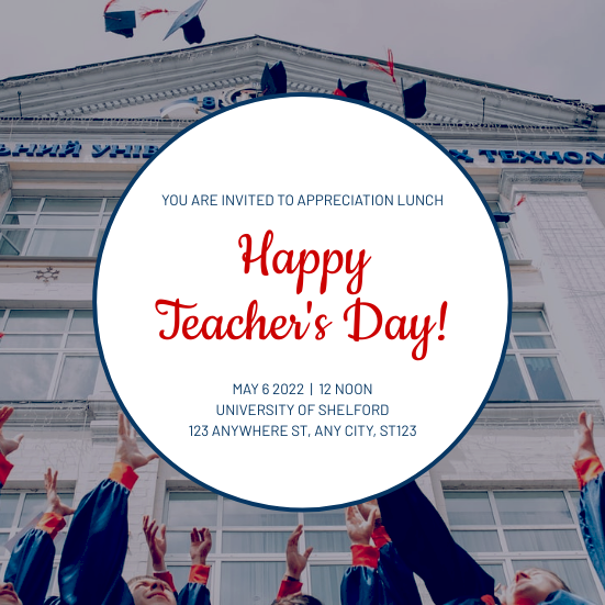 Red And Blue Photo Teacher's Day Lunch Invitation