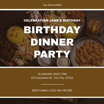Invitation template: Brown Birthday Dinner Celebration Photo Invitation (Created by Visual Paradigm Online's Invitation maker)
