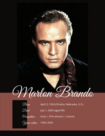 Biography 模板。Marlon Brando Biography (由 Visual Paradigm Online 的Biography软件制作)