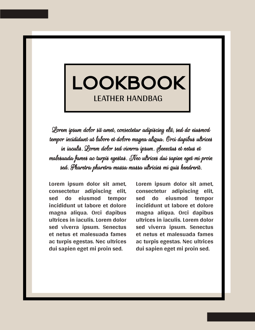 Lookbook 模板。Leather Handbag Lookbook  (由 Visual Paradigm Online 的Lookbook软件制作)