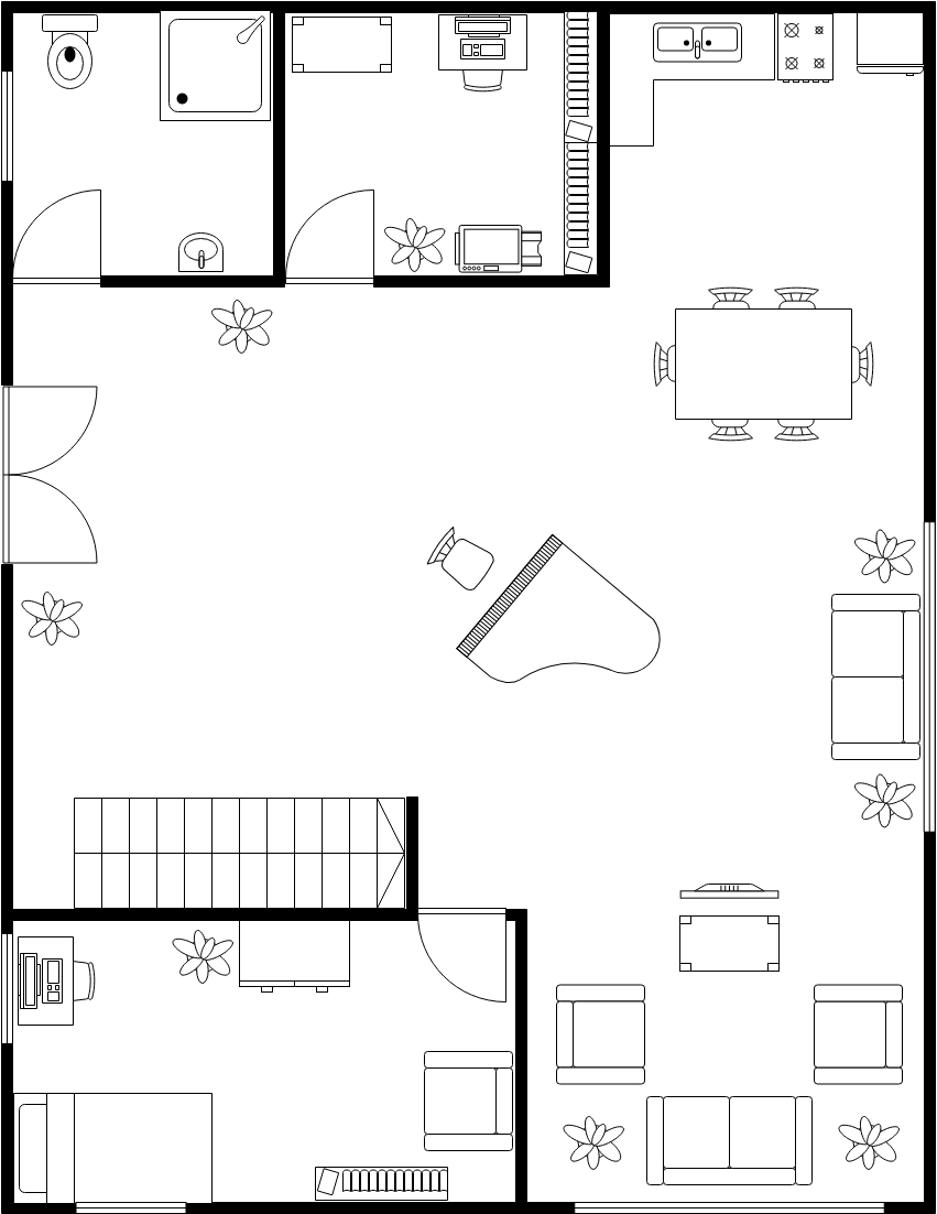 平面图 模板。简单的房子一楼平面图 (由 Visual Paradigm Online 的平面图软件制作)