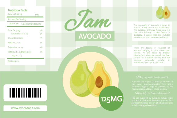 Label template: Tasty Avocado Jam Label (Created by InfoART's Label maker)