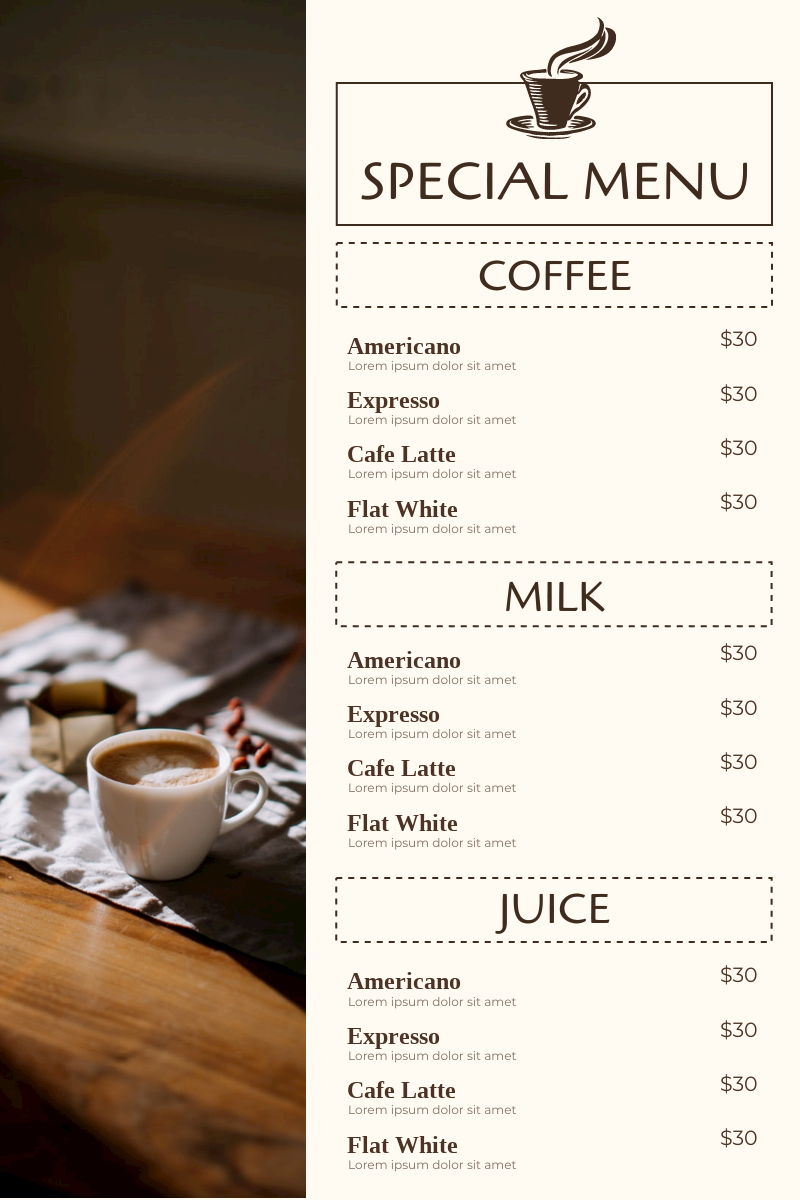 Menu template: Coffee Special Menu (Created by InfoART's Menu maker)