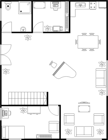 平面圖 模板。 簡單的房子一樓平面圖 (由 Visual Paradigm Online 的平面圖軟件製作)