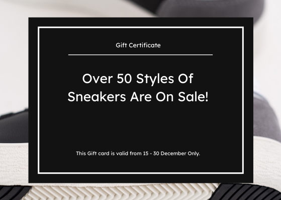 Gift Card template: Black And White Sneakers Photo Gift Card (Created by Visual Paradigm Online's Gift Card maker)