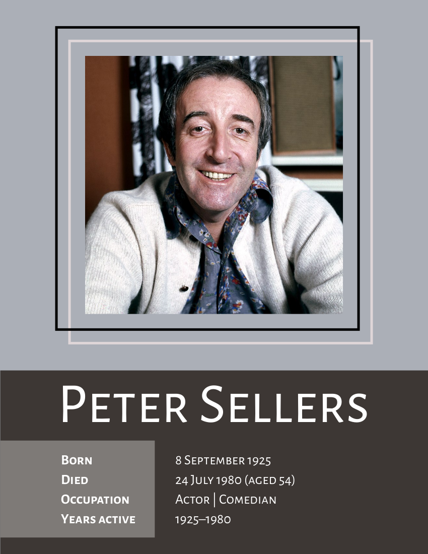 Biography template: Peter Sellers Biography (Created by Visual Paradigm Online's Biography maker)