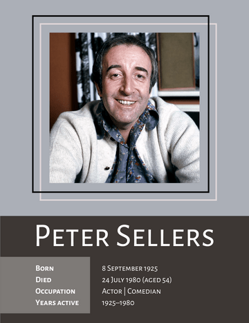 Biography 模板。Peter Sellers Biography (由 Visual Paradigm Online 的Biography软件制作)