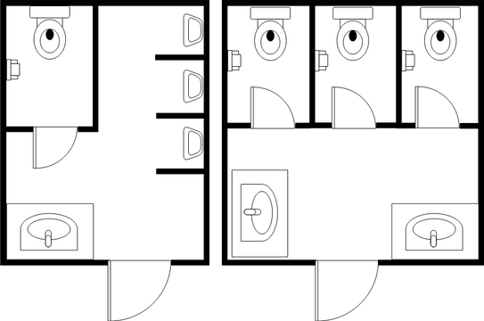 廁所平面圖 模板。 公廁連單人廁所 (由 Visual Paradigm Online 的廁所平面圖軟件製作)