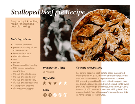 Recipe Card template: Scalloped Beef Pie Recipe Card (Created by Visual Paradigm Online's Recipe Card maker)
