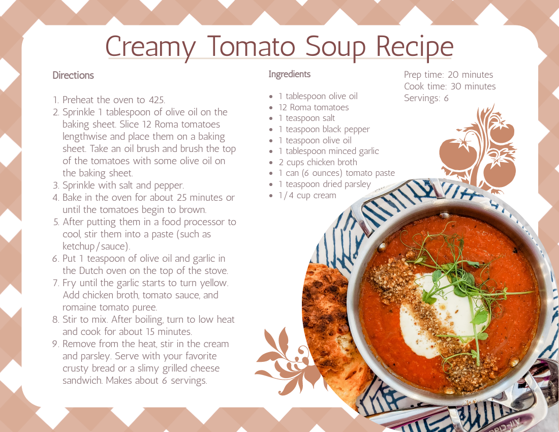 Recipe Card template: Creamy Homemade Tomato Soup Recipe (Created by Visual Paradigm Online's Recipe Card maker)