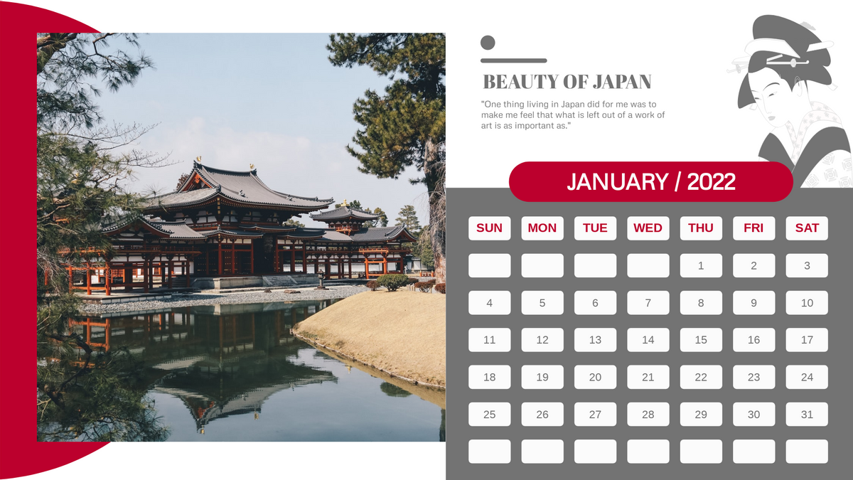 Calendar 模板。 Beauty Of Japan Calendar (由 Visual Paradigm Online 的Calendar軟件製作)