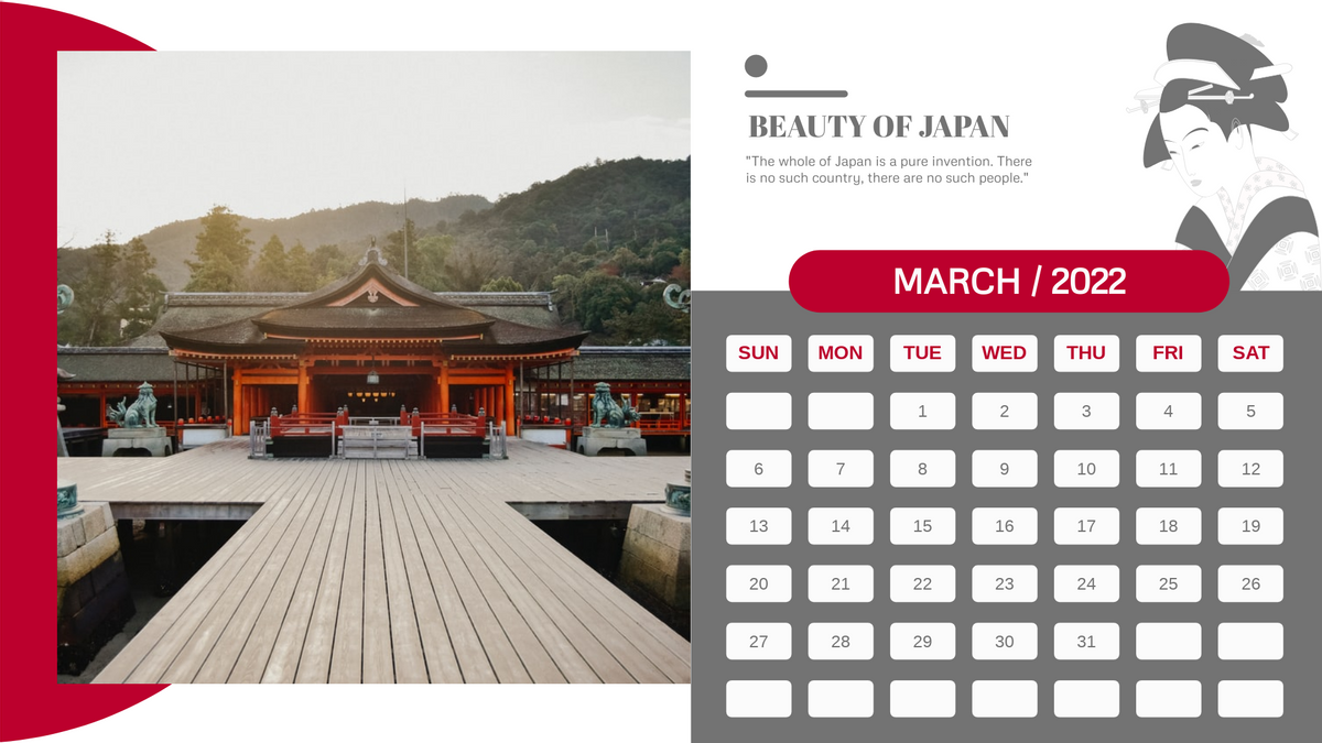 Calendar template: Beauty Of Japan Calendar (Created by Visual Paradigm Online's Calendar maker)