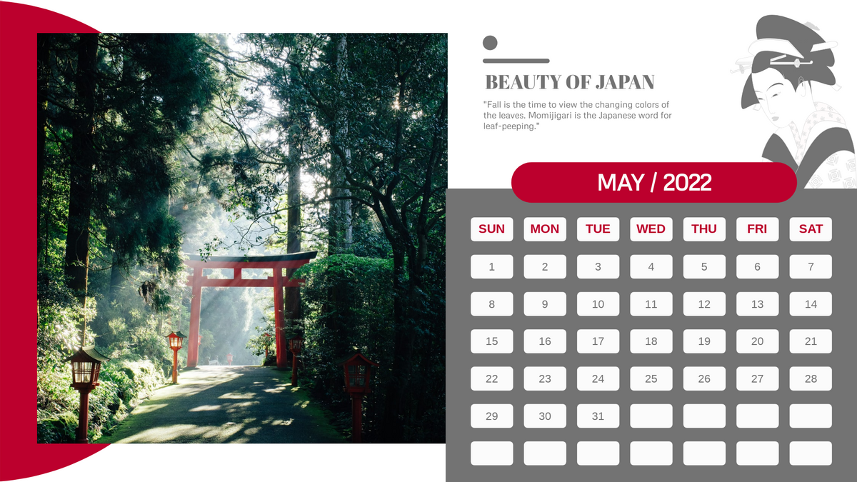 Calendar template: Beauty Of Japan Calendar (Created by Visual Paradigm Online's Calendar maker)