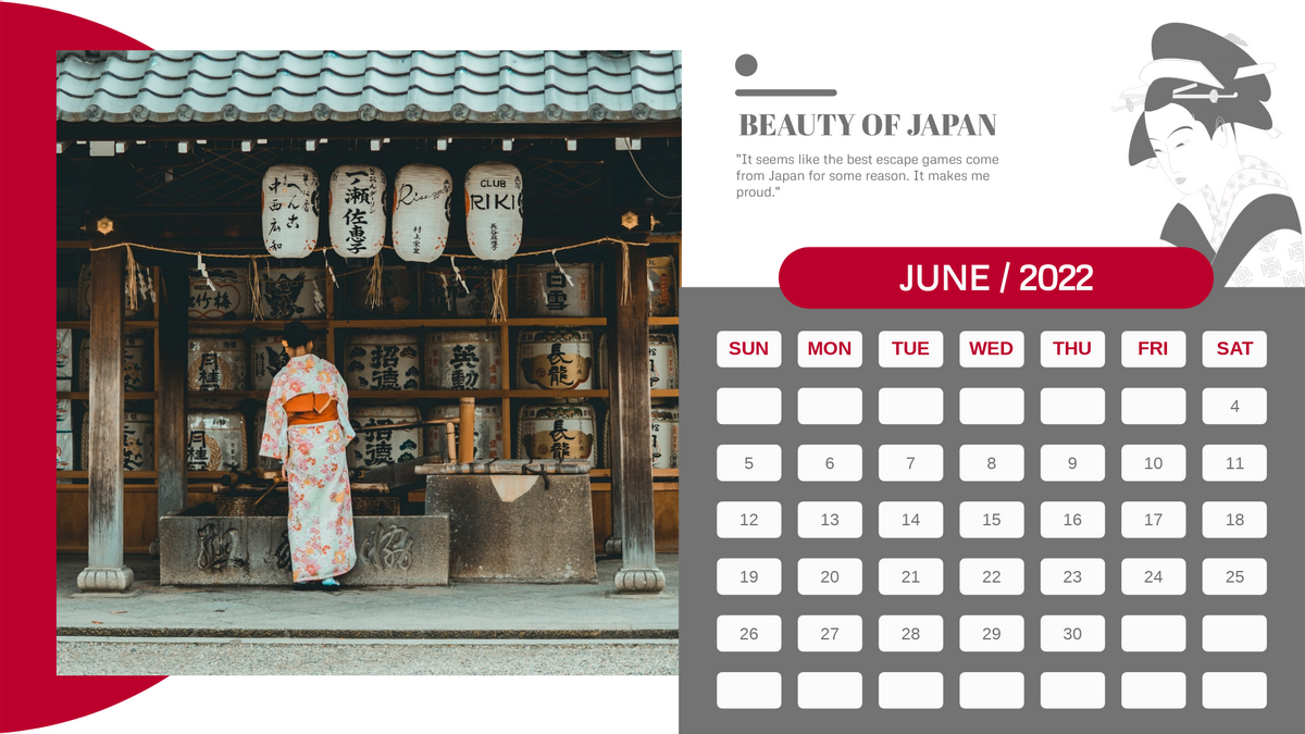 Calendar 模板。Beauty Of Japan Calendar (由 Visual Paradigm Online 的Calendar软件制作)