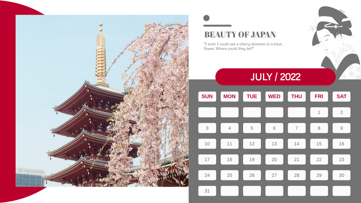 Calendar 模板。Beauty Of Japan Calendar (由 Visual Paradigm Online 的Calendar软件制作)