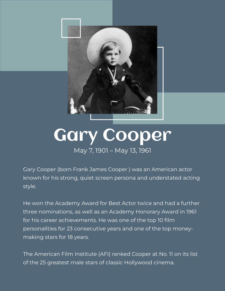 Biography 模板。 Gary Cooper Biography (由 Visual Paradigm Online 的Biography軟件製作)