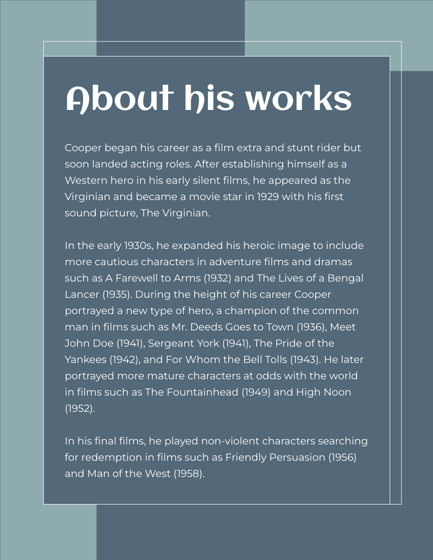 Biography 模板。 Gary Cooper Biography (由 Visual Paradigm Online 的Biography軟件製作)