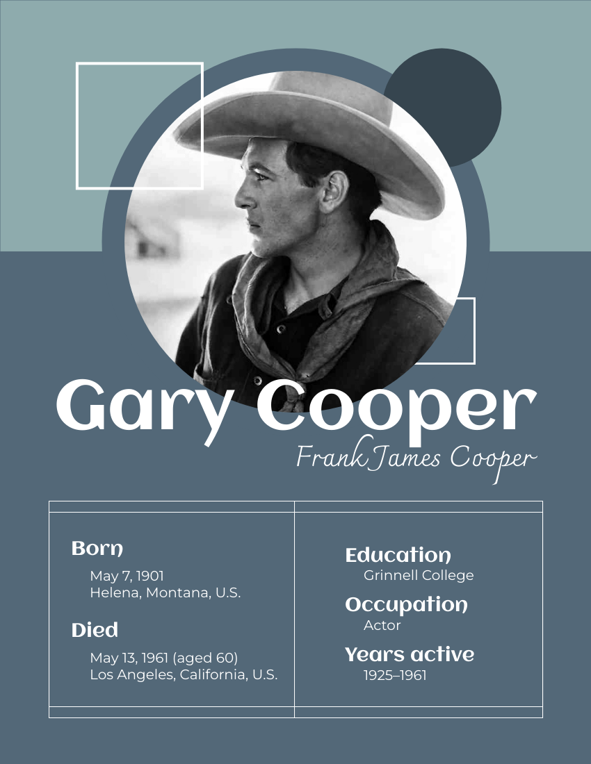 Biography template: Gary Cooper Biography (Created by Visual Paradigm Online's Biography maker)