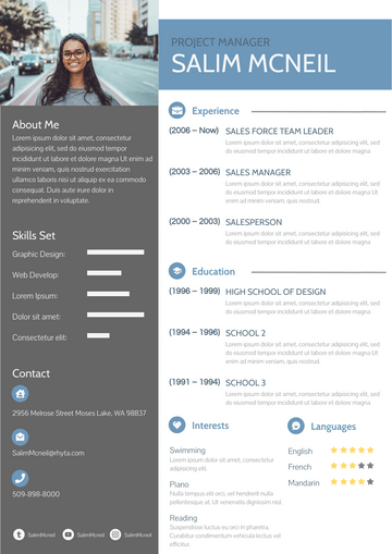 Resumes template: 2 Columns Blue Resume (Created by Visual Paradigm Online's Resumes maker)