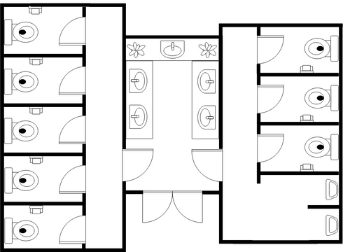 Restroom Floor Plan template: Shared Sinks Restrooms (Created by InfoART's Restroom Floor Plan marker)