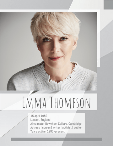 Biography 模板。Emma Thompson Biography (由 Visual Paradigm Online 的Biography软件制作)