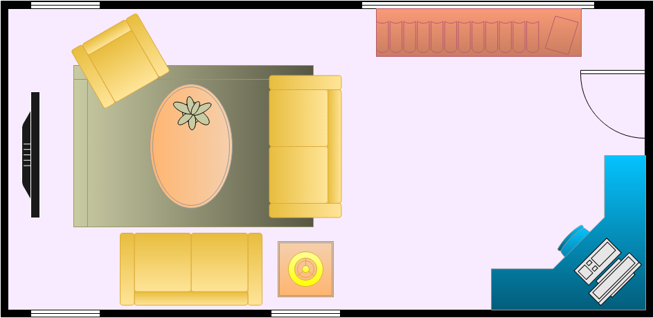 客厅平面图 模板。窄客厅布置 (由 Visual Paradigm Online 的客厅平面图软件制作)