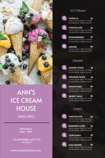 Editable menus template:Purple Ice Cream Photo Ice-cream House Menu
