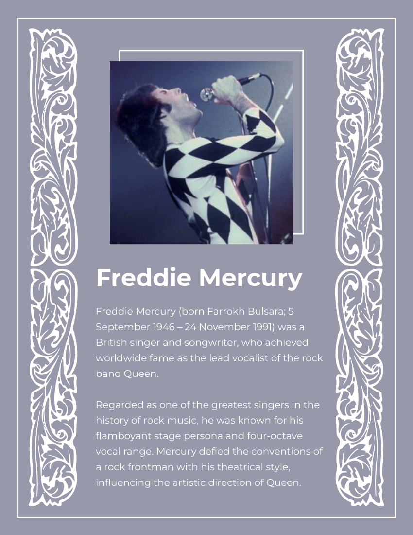 Biography template: Freddie Mercury Biography (Created by Visual Paradigm Online's Biography maker)