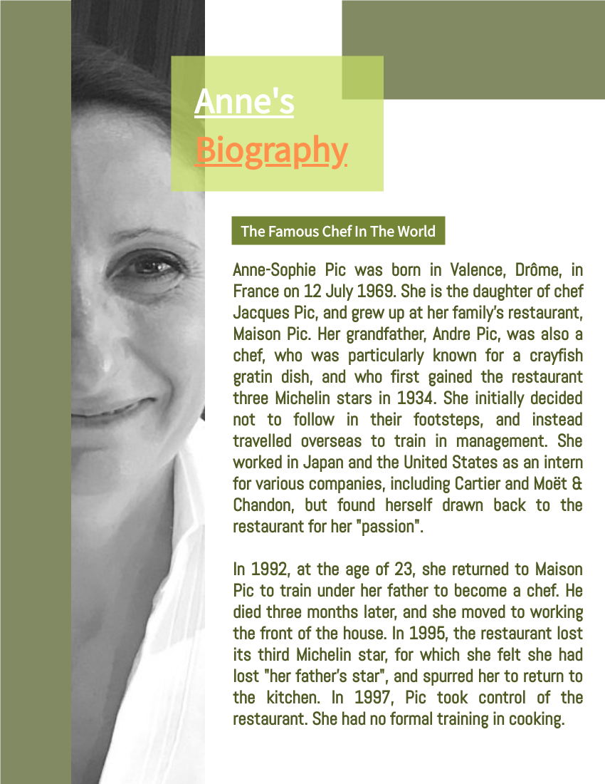 Biography template: Anne-Sophie Pic Biography (Created by Visual Paradigm Online's Biography maker)