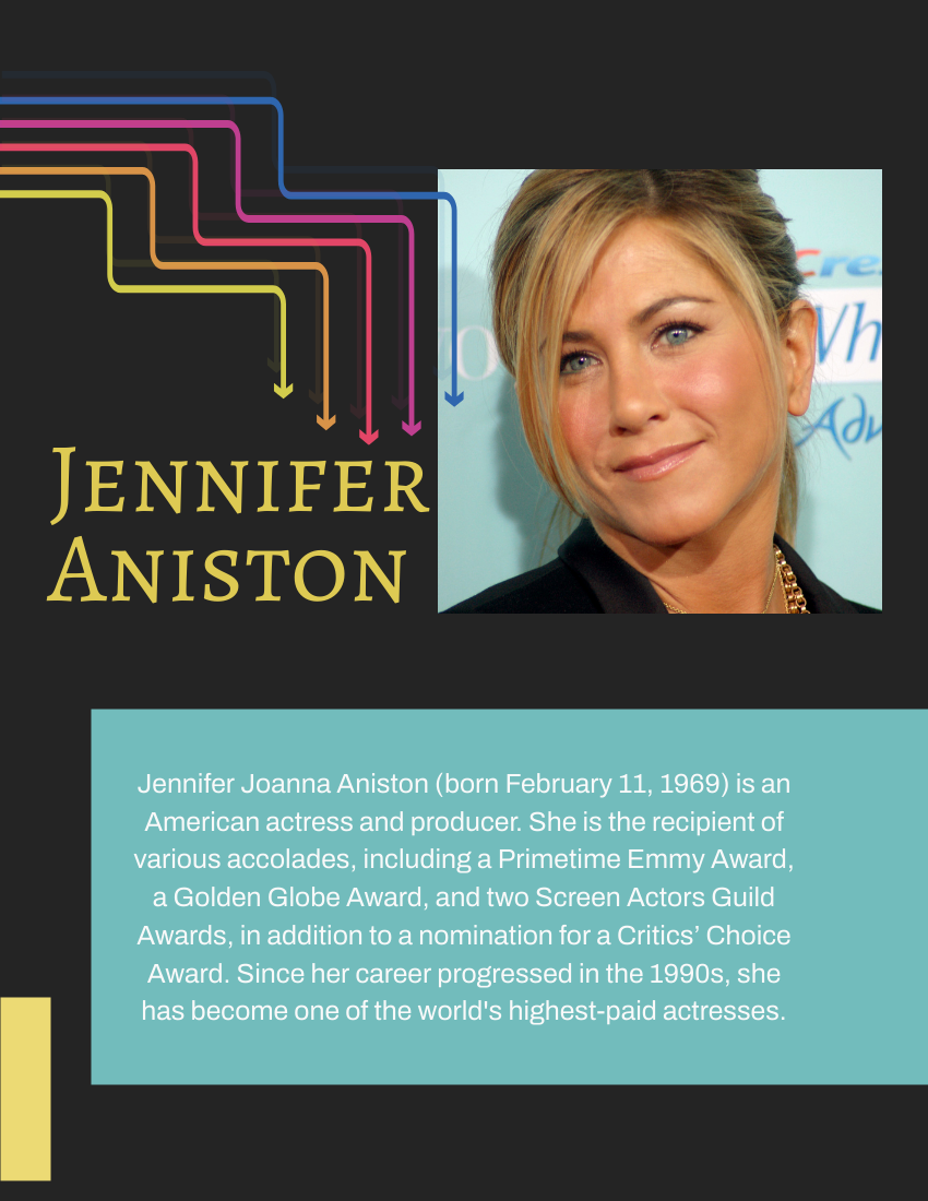 Biography template: Jennifer Aniston Biography (Created by Visual Paradigm Online's Biography maker)