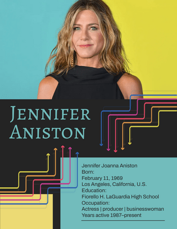 Biography 模板。Jennifer Aniston Biography (由 Visual Paradigm Online 的Biography软件制作)