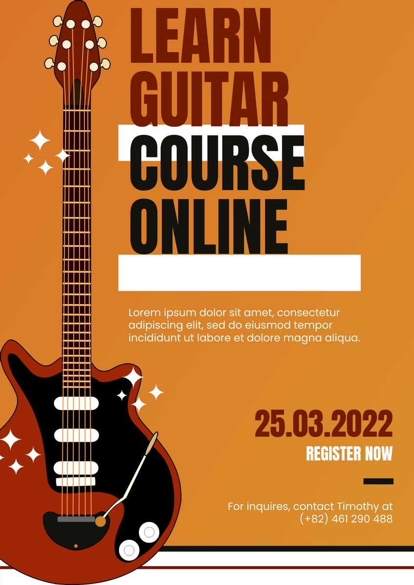 海报 模板。Learn Guitar Course Online Poster (由 Visual Paradigm Online 的海报软件制作)
