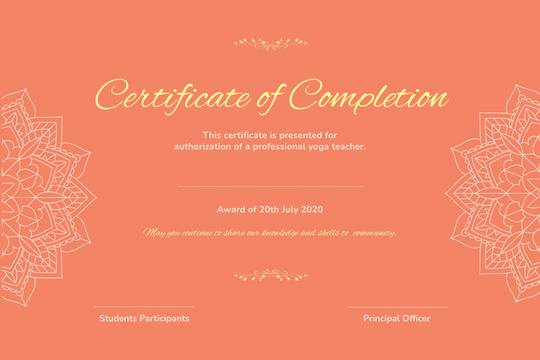 Certificate template: Sandy Brown Yoga Certificate  (Created by Visual Paradigm Online's Certificate maker)