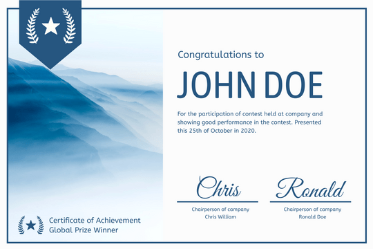 Certificate template: Blue Mountain Certificate (Created by Visual Paradigm Online's Certificate maker)