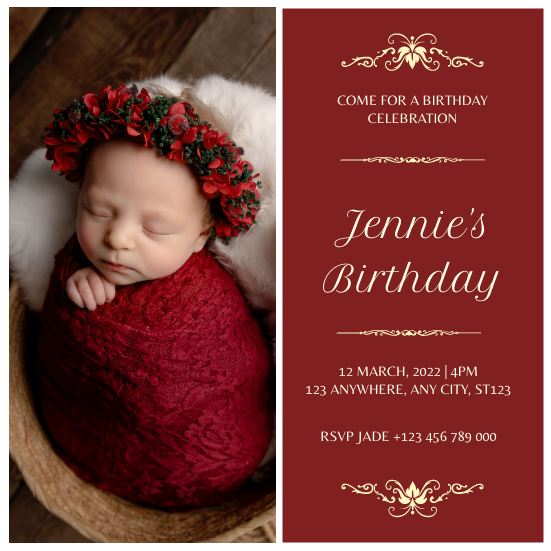 Invitation template: Classic Red Baby Girl Birthday Invitation (Created by InfoART's Invitation maker)
