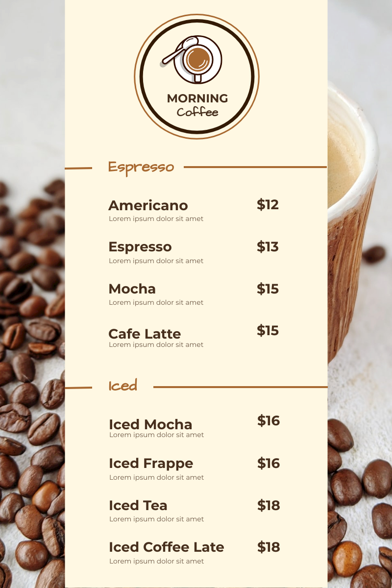 Menu template: Brown Coffee Photo Coffee Shop Menu (Created by Visual Paradigm Online's Menu maker)