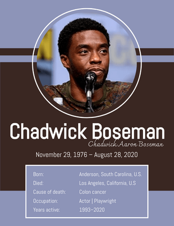 Biography 模板。 Chadwick Boseman Biography (由 Visual Paradigm Online 的Biography軟件製作)