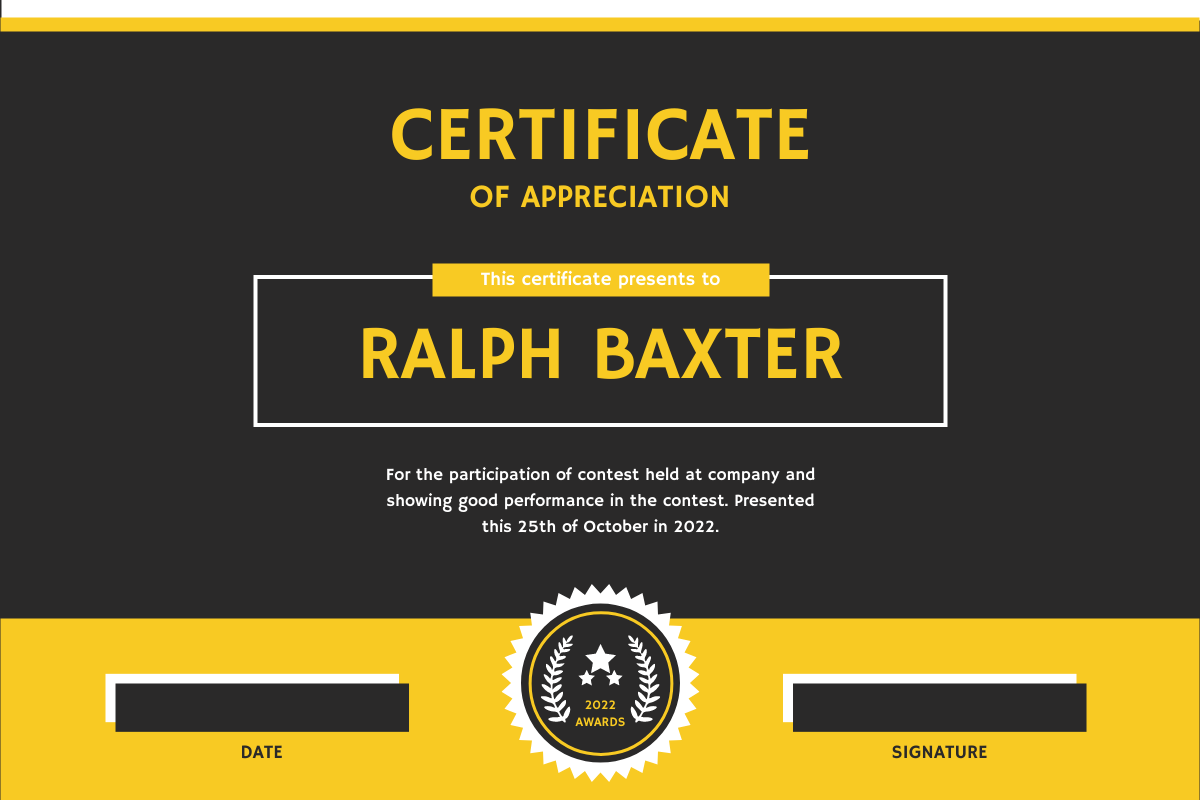 Certificate template: Yellow And Black Contrast Simple Certificate (Created by Visual Paradigm Online's Certificate maker)
