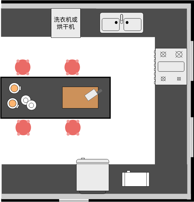 厨房平面图 模板。带中心岛的厨房 (由 Visual Paradigm Online 的厨房平面图软件制作)